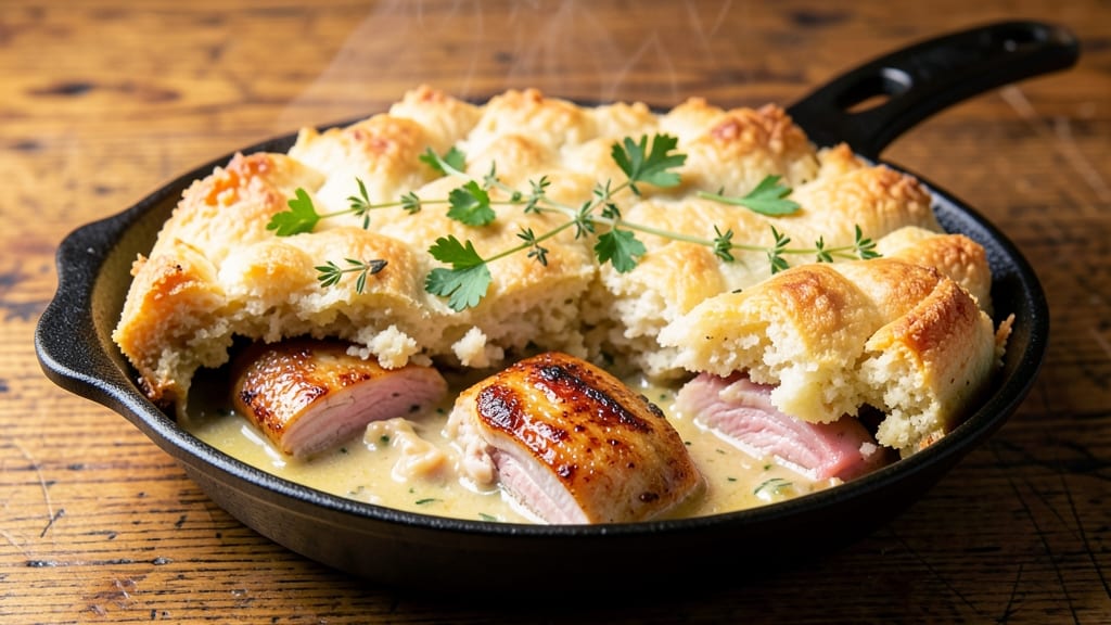 Chicken Cobbler Recipe with Red Lobster Biscuit Mix: Herb-Buttered Biscuit Crown Over Juicy Chicken Swirls