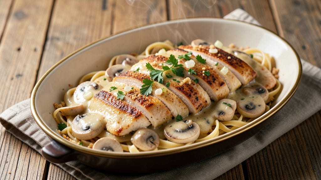 Betty Crocker's Chicken Tetrazzini Recipe: Crispy Herb Crown Over Mushroomy Mushroom Swirls